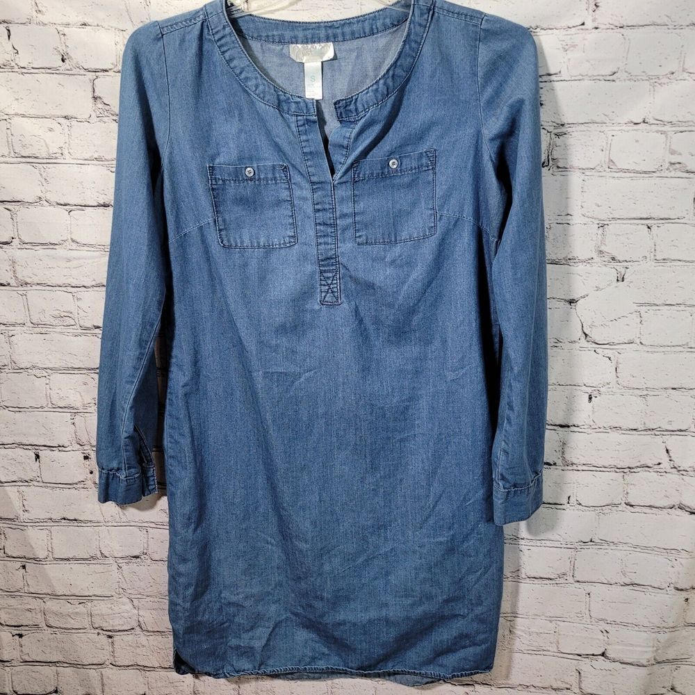 Just‎ Be Chambray Shift Dress Womens Small Blue Excellent Long Sleeve Cotton